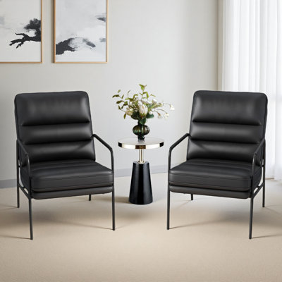 Modern Accent Set Of 2 Chair Classic Small Leather Accent Chair with Durable Metal Frame Armchair Backrest and Seat Cushion Sofa Chairs for Living Room Bedroom （Black）
