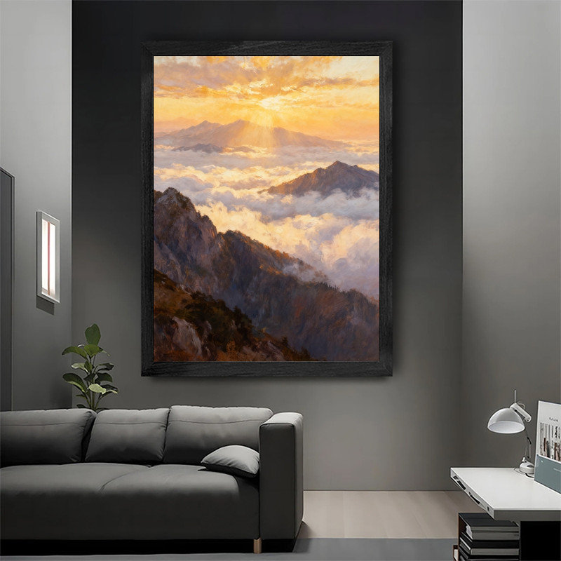 Art mural encadré noir montagne impressionniste - ciel doré et pic nuageux, H 17 po x l 13 po