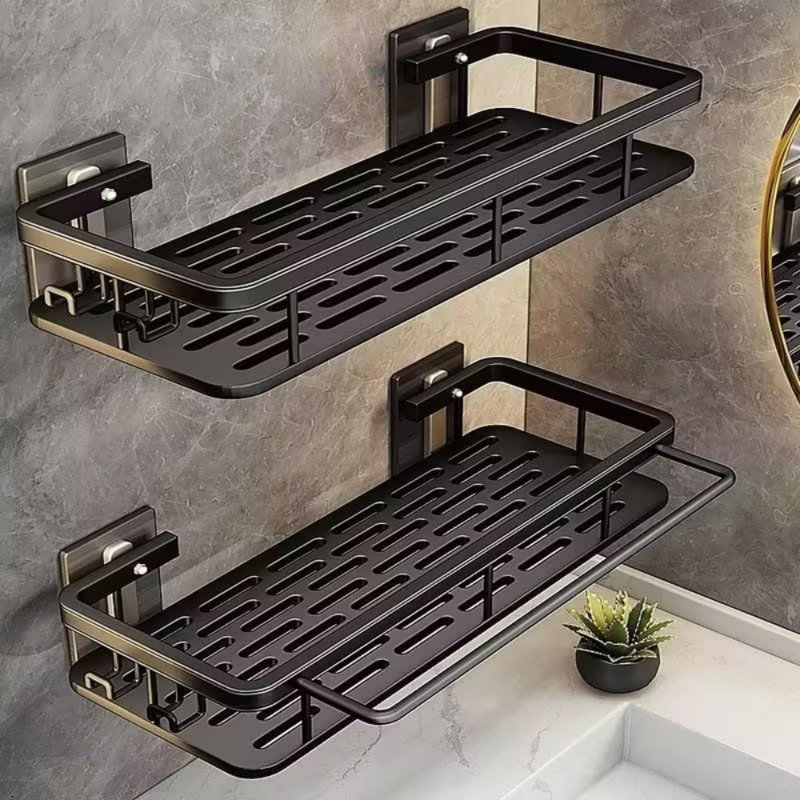 Serviteur de douche en aluminium, tablettes de douche adhésives, ensemble de 2 avec crochets et tringle pour serviettes, organisateur mural antirouille à fixation murale sans perceuse