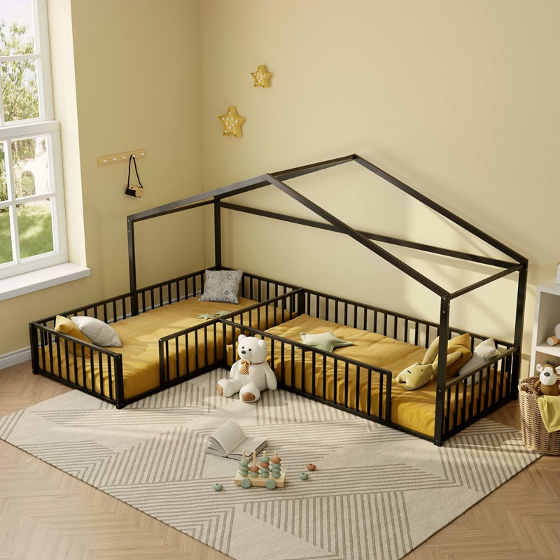 Double lit simple en L Montessori, structure de lit d'angle en métal avec clôture, lit de plancher de style maison pour 2 enfants, sans lattes