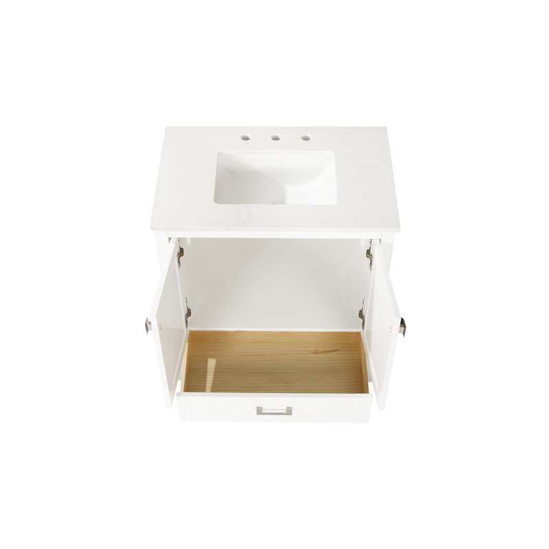 Meuble-lavabo de 30 po avec lavabo, armoire en bois massif blanc et marbre. Flair élégant, mécanisme de fermeture en douceur. Meuble-lavabo 24V03-30Wh entièrement assemblé, comptoir en marbre. Style contemporain, fermeture.