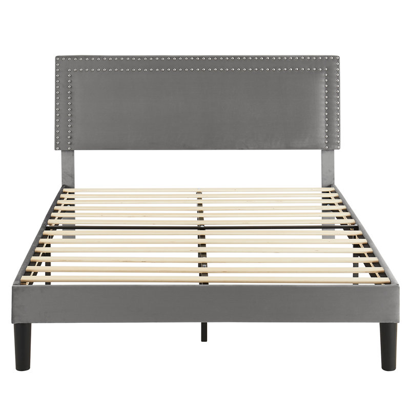 Full Size Dark Grey Velvet Upholstered Platform Bed with Adjustable Headboard, Modern Bed Frame with Wood Slats, No Box Spring Needed