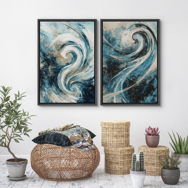 Art mural abstrait, ensemble de 2 reproductions d'art encadrées sur toile, H 24 po x l 32 po, Noir