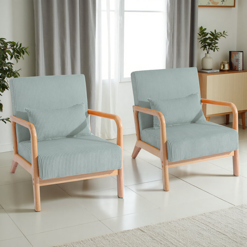 Jyrin Mid Century Upholstered Light Blue Corduroy Solid Wood Accent Chair with an Extra Pillow, Light Blue, Natural Wood, 2