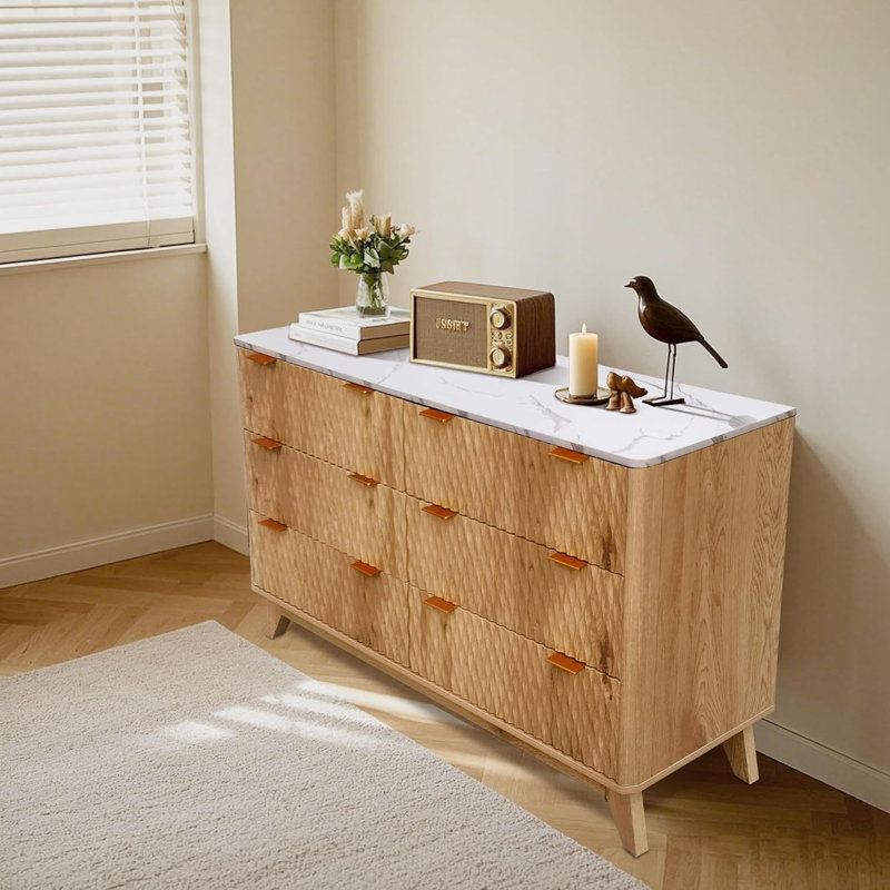 Commode 6 tiroirs cannelée avec plateau en faux marbre Modern, Jaune