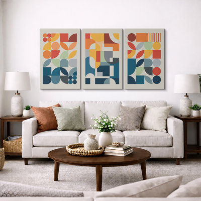 Abstrait, couleurs vives et abstraites «Œuvre abstraite et audacieuse bleu orange contemporain, images bohémiennes modernes de style Mid-Century, 3 pièces, impression numérique sur toile, impression numérique sur toile giclée»