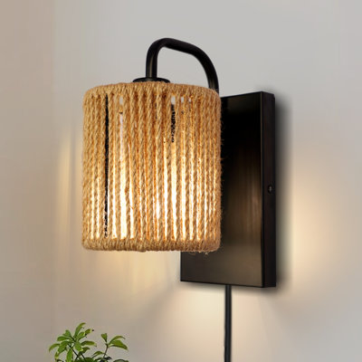 Ahull Iron Plug-in Armed Sconce Wall Lights for Bedroom Rattan Wall Sconce Plug in Wall Sconces Wall Lamps for Living Room