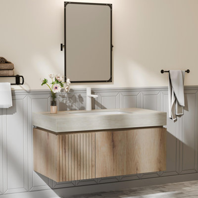 Akshata 36" Wall-Mounted Bathroom Vanity, Travertine-Pattern Sintered Stone Top, Soft-Close Doors & Drawer, Pre-Assembled, Light Wood/White Oak