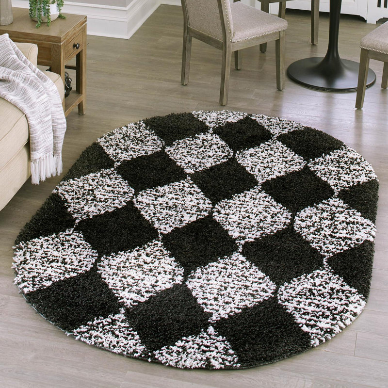 Tapis géométrique noir / blanc Rodney, Ovale 5 pi 3 po x 8 pi