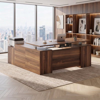 71" L-Shaped Executive Electric Standing Desk with Drawers, Built-In Power Outlets and Privacy Panel, Height-Adjustable Standing Office Desk for Executive , Walnut  Desk