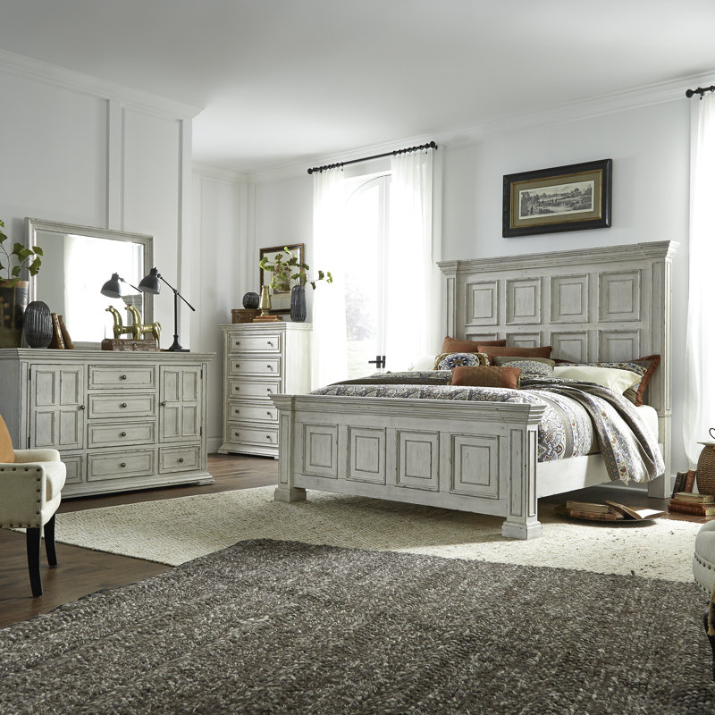 Ensemble de chambre à coucher avec lit à panneaux, commode et miroir Temple Cloud, Grand lit, Blanc