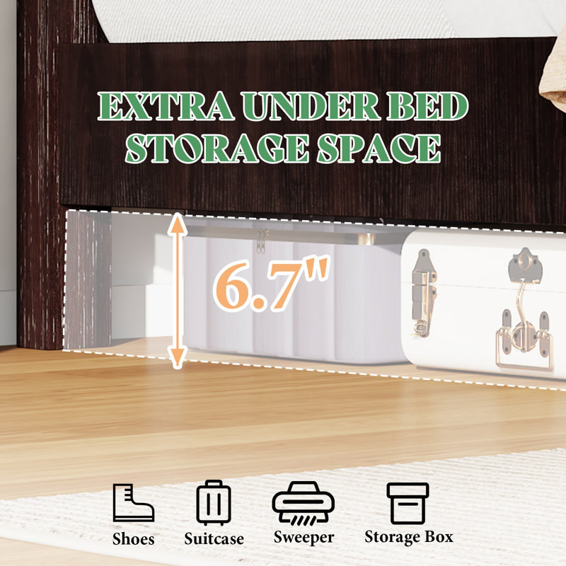 Queen Dark Brown Pine Wood Platform Bed with Tall Headboard