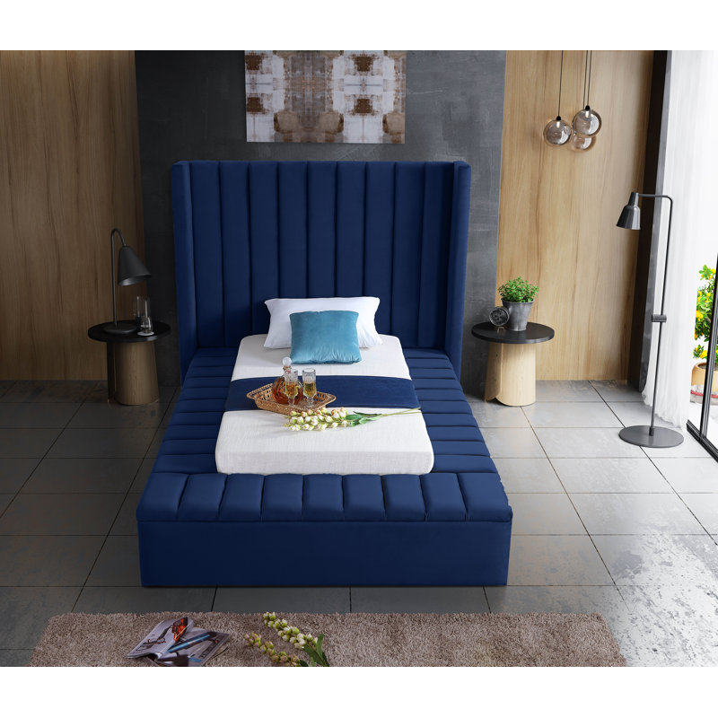 Rick Upholstered Wingback Bed, Twin, Navy Velvet