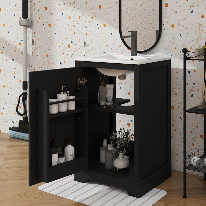 Meuble-lavabo de 20 po avec lavabo, conception peu encombrante avec porte à fermeture silencieuse, support de rangement double couche et support réglable
