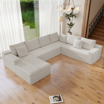Koli 132" U-shaped Sectional Couch, Compression Sofa for 7 Person, White Corduroy, Right Facing