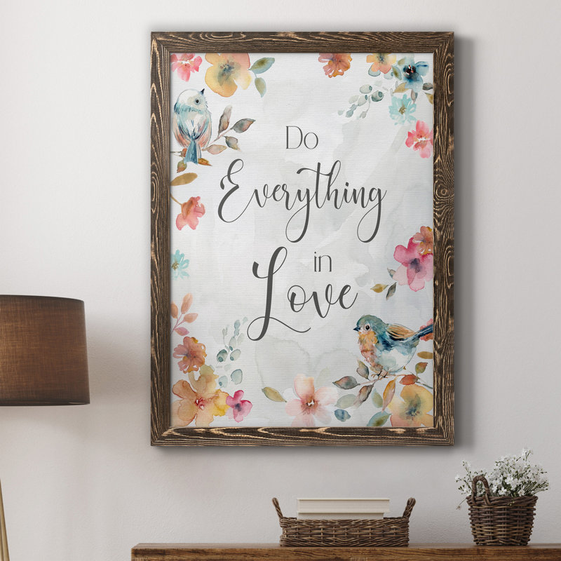 «Spring Bird Love», art textuel sur toile, H 31,5 po x l 23,5 po x P 1,5 po, Noyer