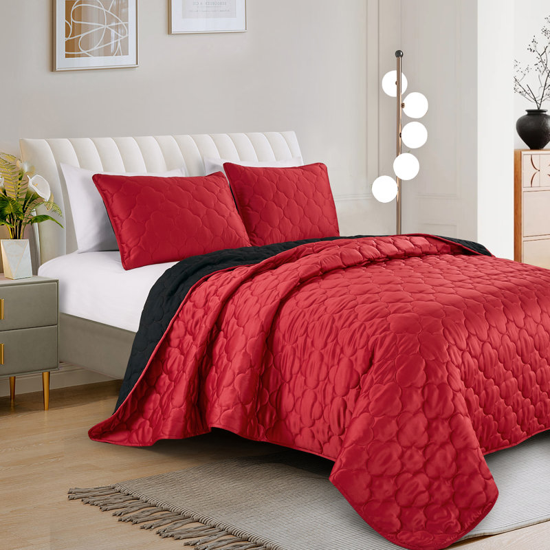 Ayers Satin 3 Piece Reversible Bedspread, Black/Red, King Bedspread + 2 King Shams