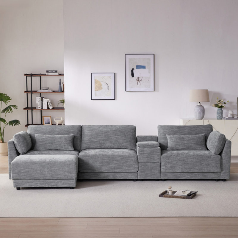 Modular Sectional Sofa with Storage Console and Movable Ottoman, Grey Chenille