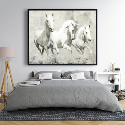 Three White Horses Running Print On Canvas