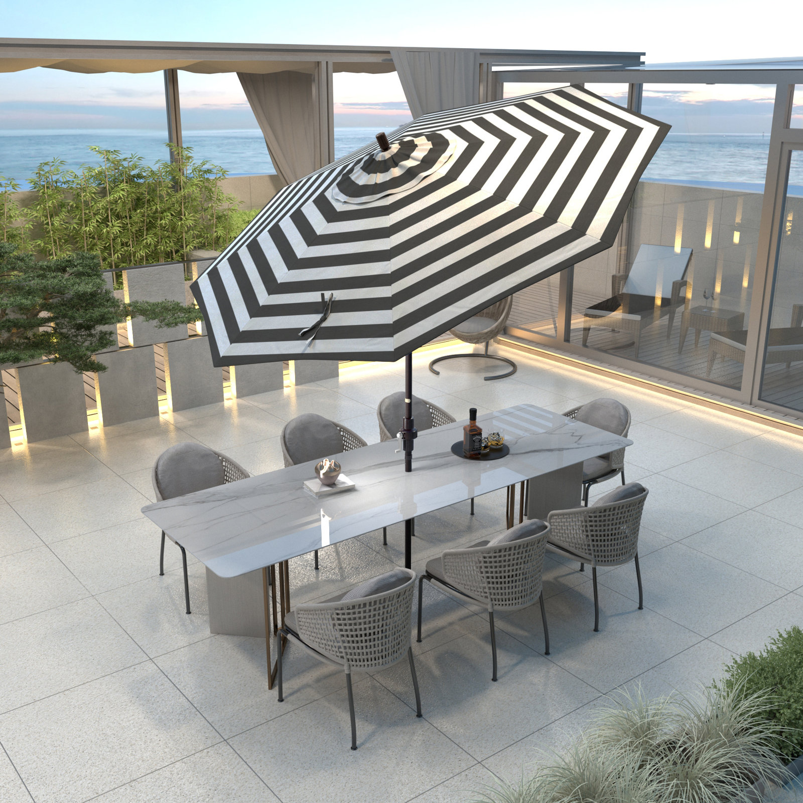 Garita 9' Sunbrella® Market Umbrella, Cabana Classic Black Stripe Sunbrella®, Bronze