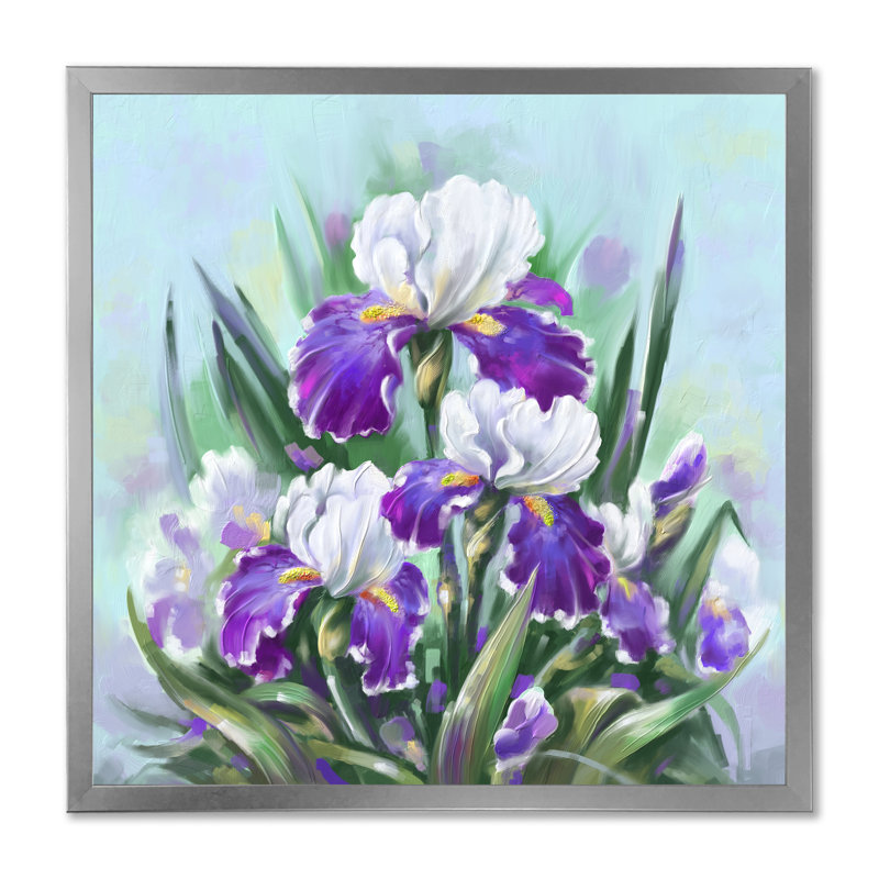 Fleurs et iris mauves en fleurs, H 16 po x l 16 po x P 1 po, Impression argent sur toile encadrée