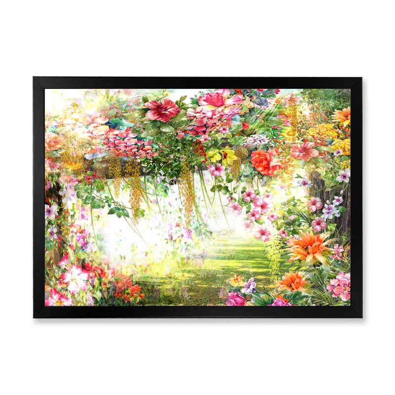 " Multicolor Spring Flowers Impression V " Watercolor Painting, 12'' H x 20'' W x 1'' D, Black Picture Framed