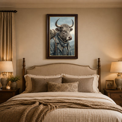 Brown Bull With Backpack And Scarf In Mountains Canvas Wall Art