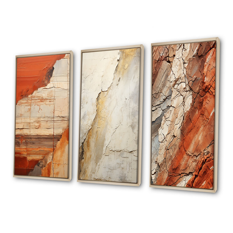 Earth Minimalist Fossils I - Abstract Collages, ensemble de 3 impressions sur toile, Cadre flottant brun, H 28 po x l 36 po