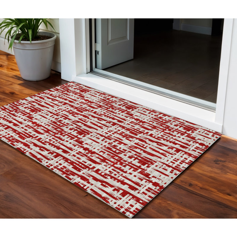 3' X 5' Red Abstract Washable Indoor Outdoor Area Rug