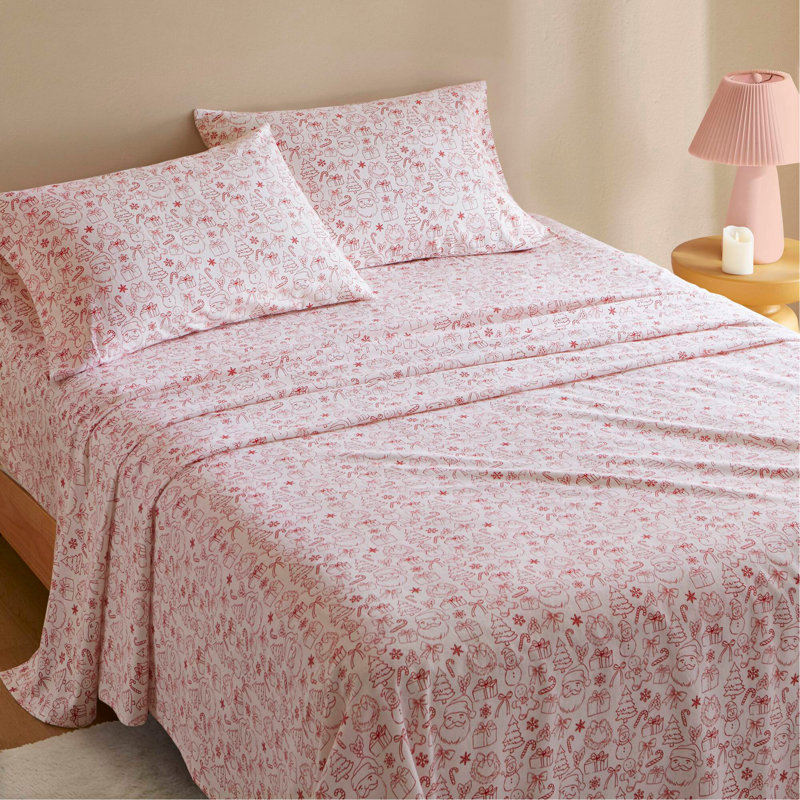 Ensemble de draps 3 pièces avec imprimé 100% pigments de coton, Doodles des Fêtes