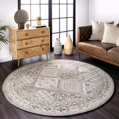 Tapis traditionnel carreauté gris / beige tissé à la machine Daye