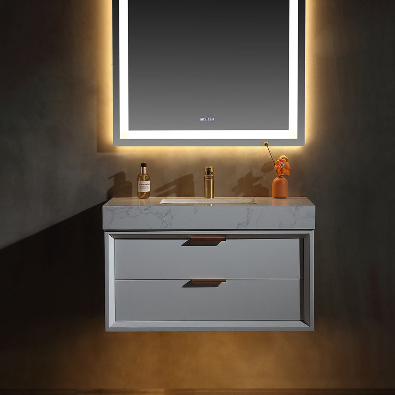 Solid wood 36'' Modern Wall Mounted Single Bathroom Vanity with Engineered Stone Top and Light, White