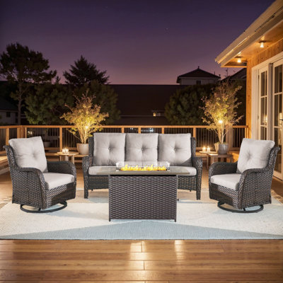 Wendye 4-Piece Outdoor Furniture Set, 2 Swivel Glider Chairs, 3-Seat Sofa & 55K BTU Fire Pit Table