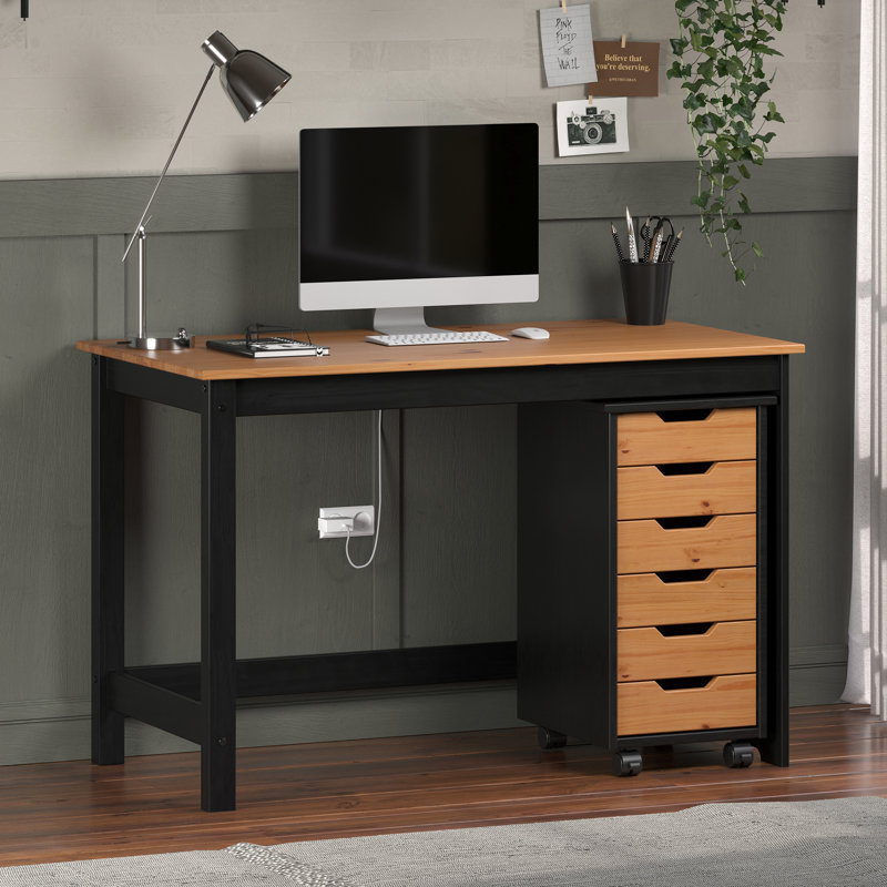 SOLID WOOD DESK & ROLL CART SET BLACK & NATURAL HONEY