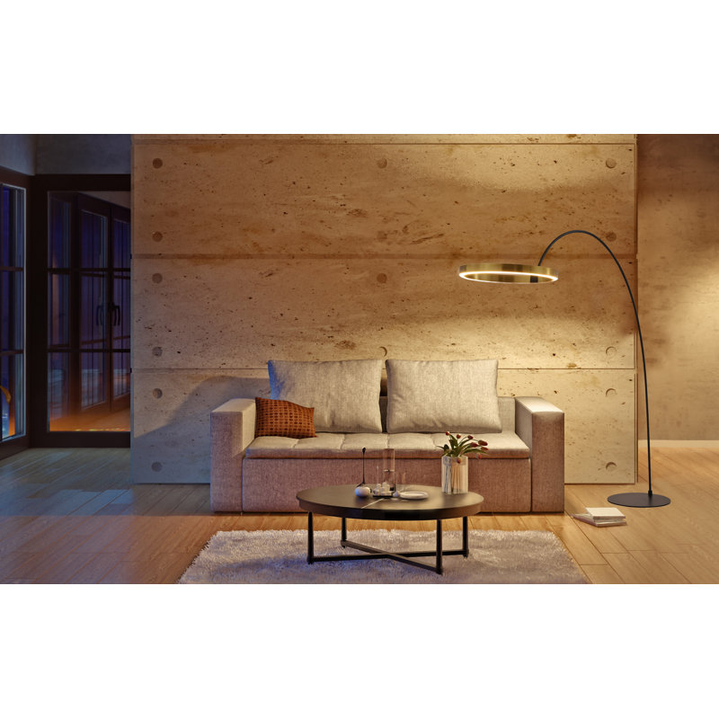 Rushell 82'' Black LED Arched Floor Lamp with USB, Antique Satin Brass
