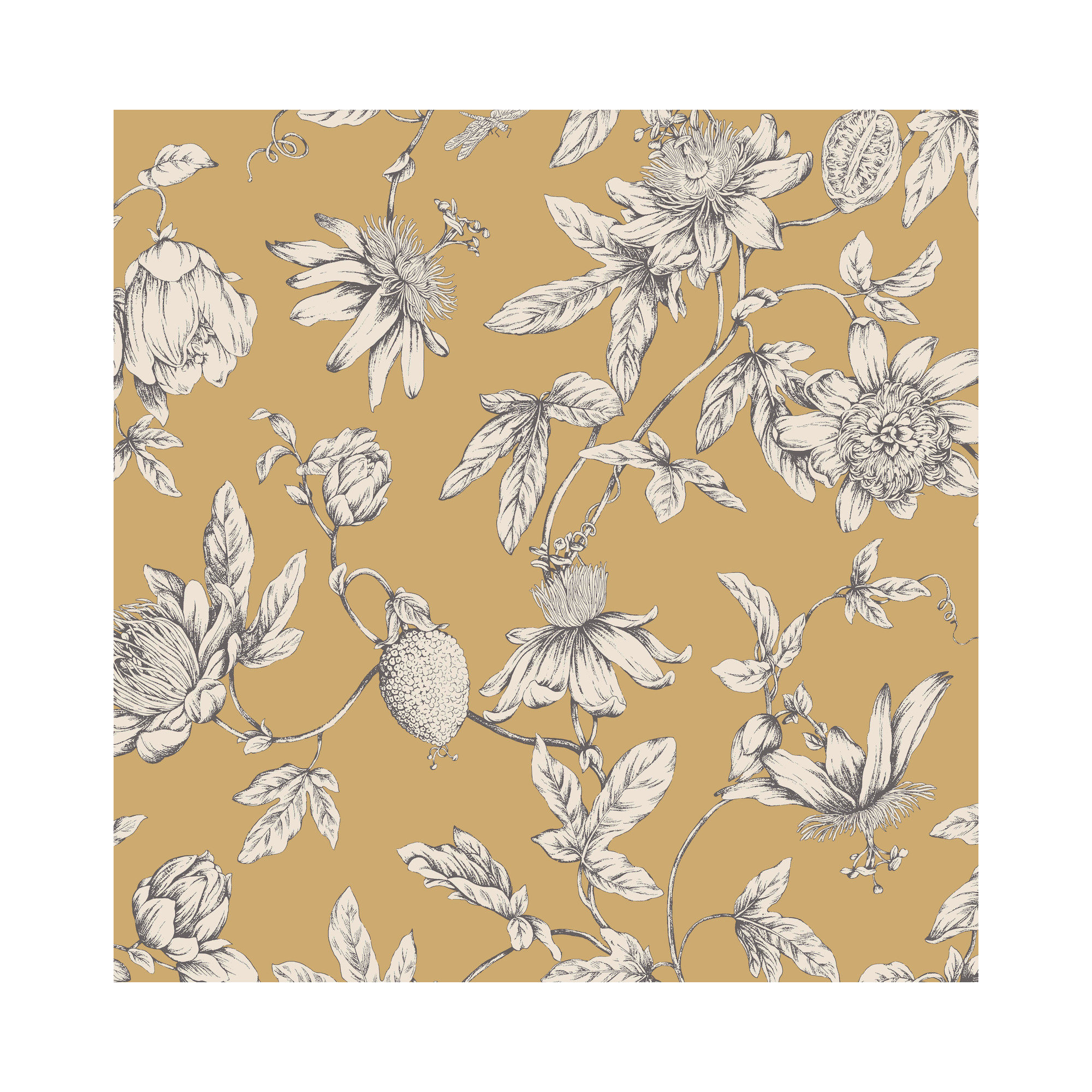 Passion Flower Toile Floral Wallpaper, Harvest