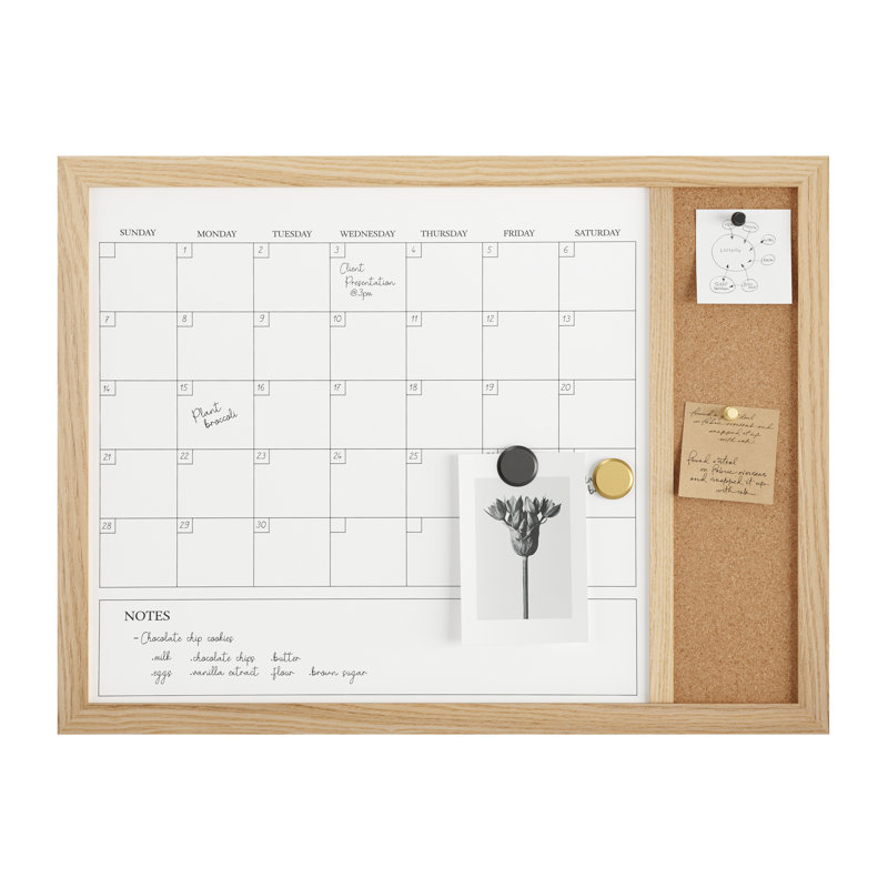 Thomas Martha Stewart Magnetic Dry Erase Monthly Calendar and Cork Board Combo with Included Marker, Magnets, Brown