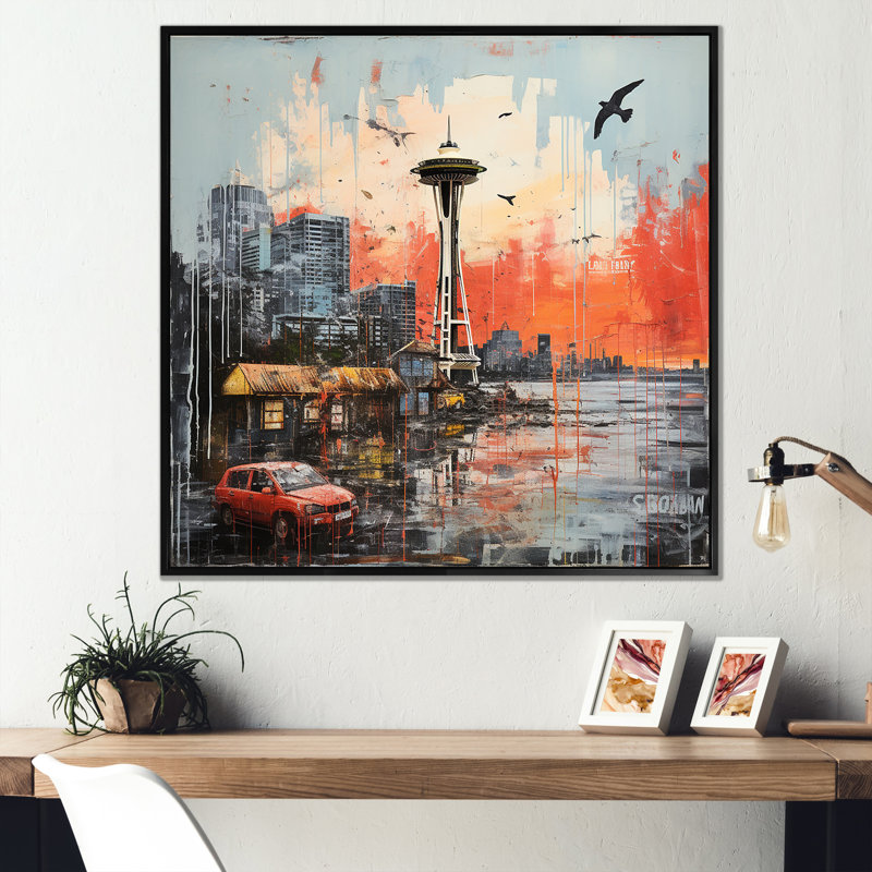 Seattle Pop Art Landscape - art mural Seattle, Cadre flottant noir, H 36 po x l 36 po x P 1,5 po