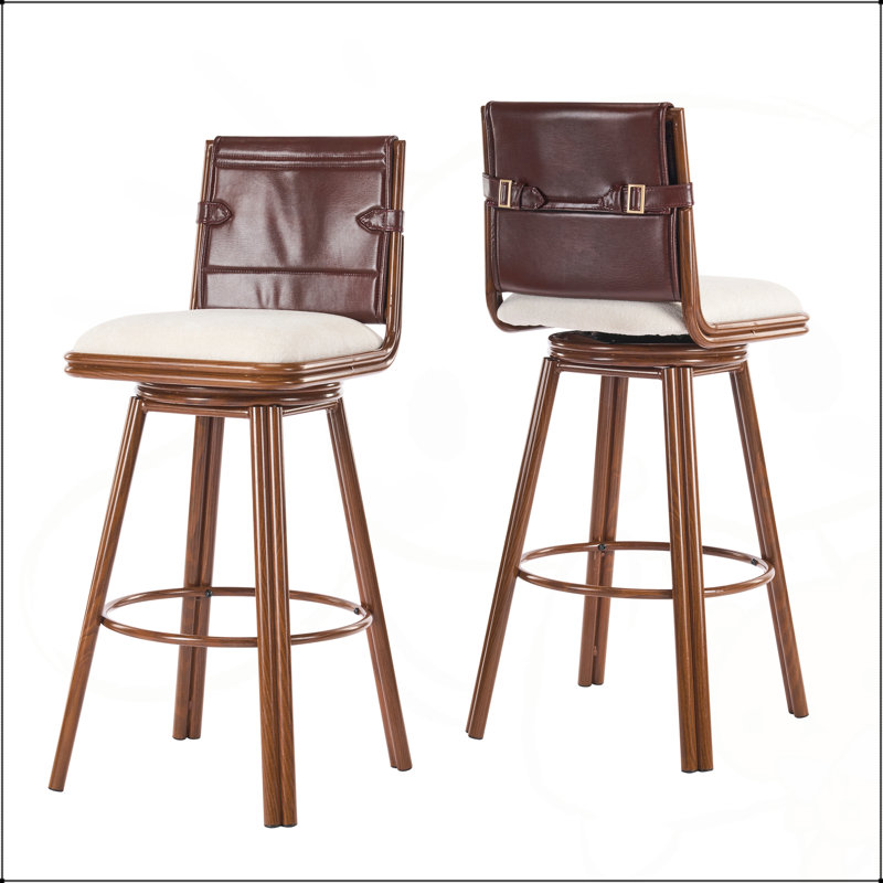 Set of 2 Swivel Bar Stools with Walnut Frame and Beige Seat
