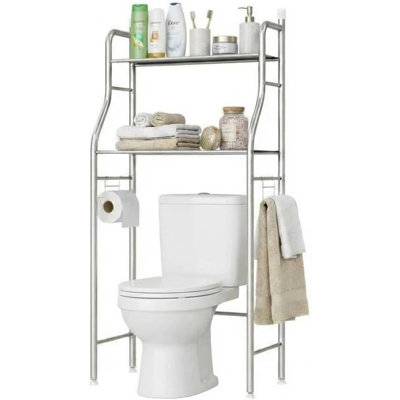 Étagère de rangement à 3 niveaux au-dessus de la toilette, acier inoxydable, finition argentée, autoportante avec serviette et porte-papier - 