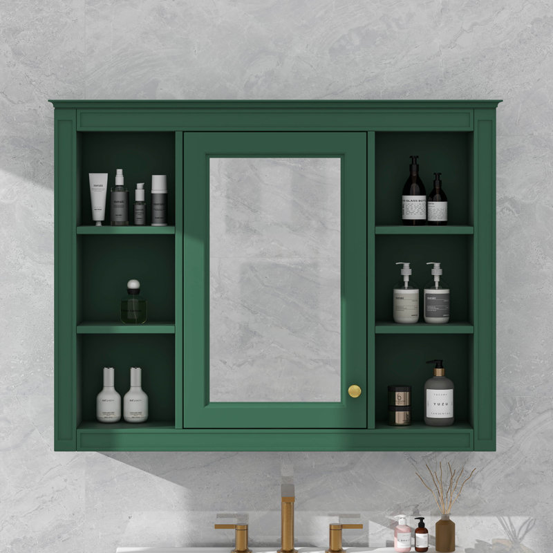 Armoire à pharmacie murale avec miroir et 6 tablettes ouvertes, Vert