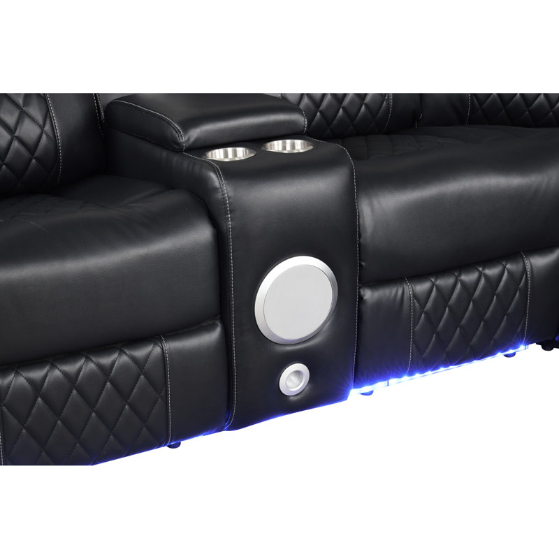 Élégant canapé modulaire noir avec porte-gobelets, haut-parleurs et ambiance confortable à DEL, rangement console, double alimentation