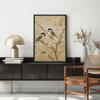 Chickadee Birds on Blooming Branches in Soft Neutral Tones – Pictures Framed Canvas Print Wall Art