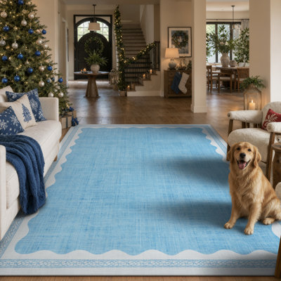 Tapis bleu vintage à bordure ondulée, lavable et antidérapant, idéal pour le salon, la chambre à coucher ou le bureau.