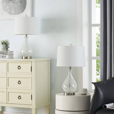 Belmonte 23" Modern Clear Water Glass Table Lamp with White Linen Shade and Polished Nickel Base