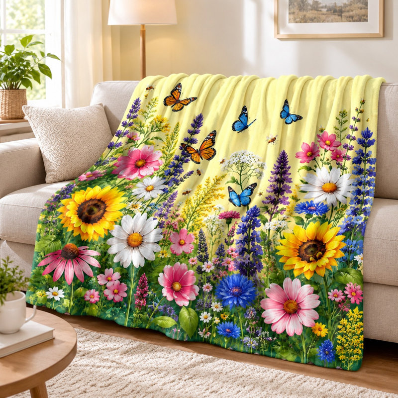 Vibrant Butterfly Meadow Print Fleece Blanket, Cozy Lightweight Plush Throw for Sofa Couch Bedroom Living Room Home Decoration