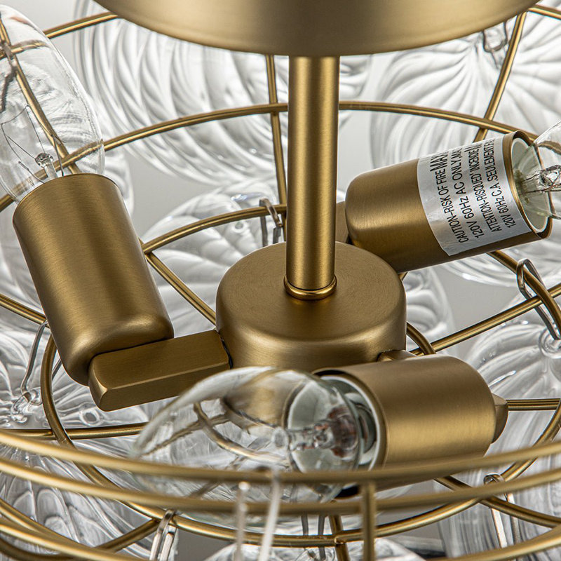 Aniek 3-Light Clear Ribbed Glass Bubble Semi Flush Mount Ceiling Light Fixture, Brass