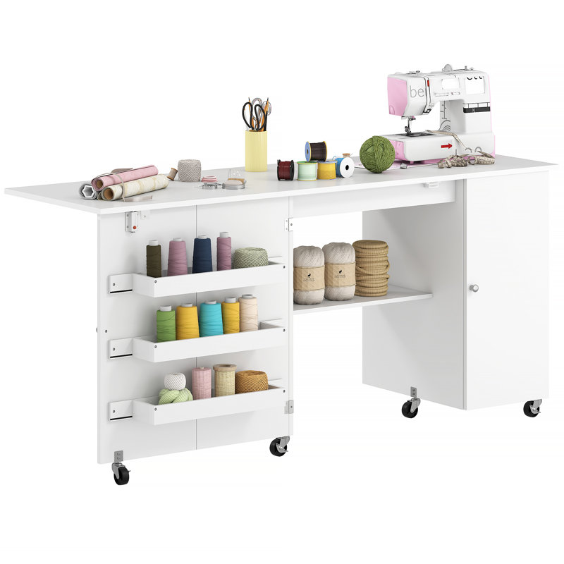 Table de couture pliante avec abattant, table de bricolage roulante, blanc, Grain de bois blanc