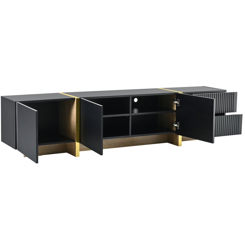 Luxury Fluted TV Stand For Tvs Up To 80'' Modern Entertainment Center With Storage Cabinets & Drawers Smooth Media Console With Golden Wood Grain Legs For Living Room