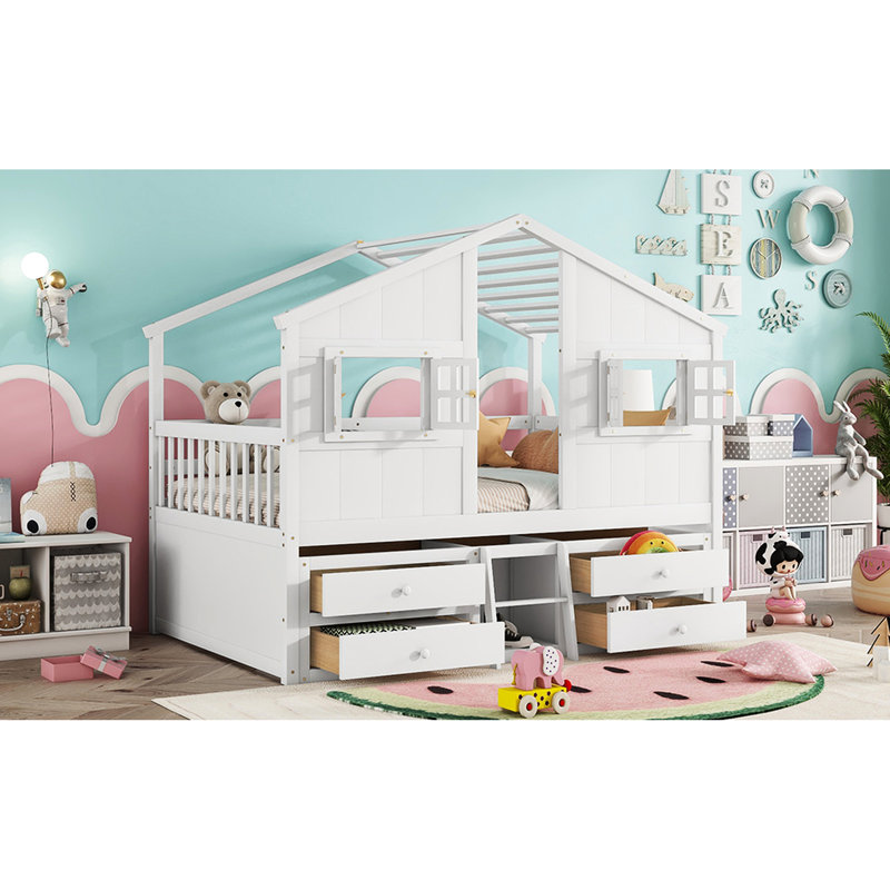 Lit mezzanine pleine grandeur en pin blanc avec 2 fenêtres, 4 tiroirs et un espace de rangement pour une bonne nuit de repos